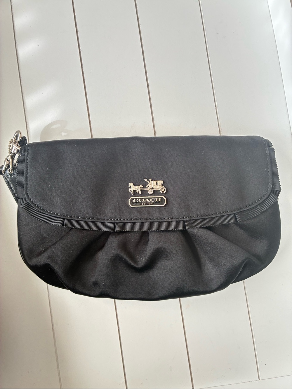 COACH Black Satin Clutch with Silver Horse & Carriage Emblem